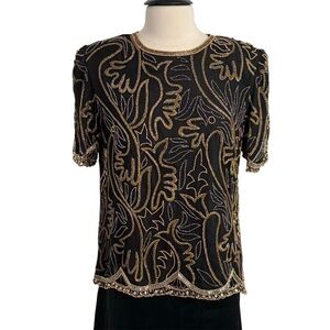 Laurence Kazar‎ NY Women's Vintage Beaded Embellished Silk Top, Black, Size XL